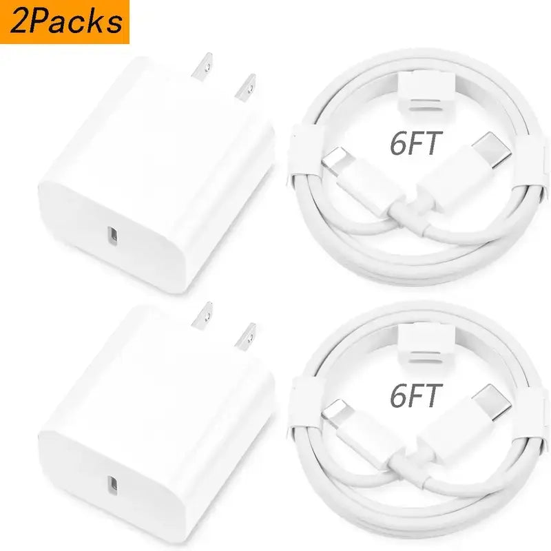 6FT Super Fast Charging 2-Pack Type-C Wall Charger Block with 2-Pack USB-C to Lightning Cable for Iphone 14/13/12,Airpods Pro, Mobile Smartphone