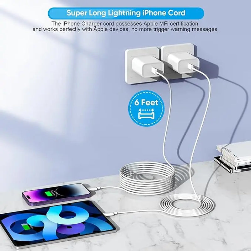 6FT Super Fast Charging 2-Pack Type-C Wall Charger Block with 2-Pack USB-C to Lightning Cable for Iphone 14/13/12,Airpods Pro, Mobile Smartphone