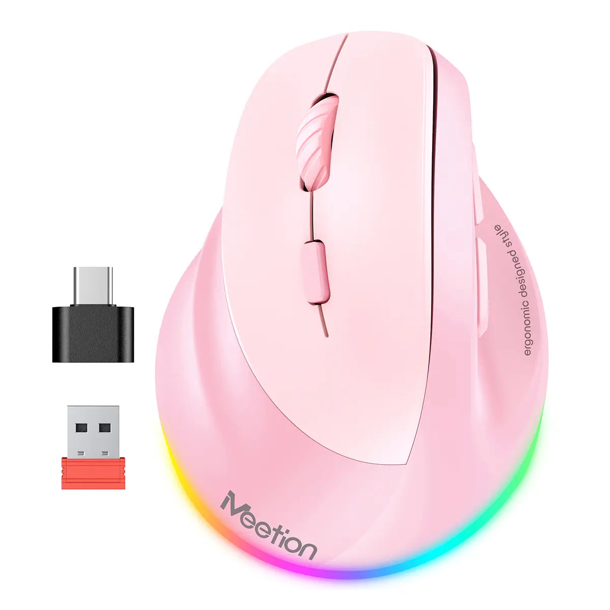 MEETION Left-Handed Ergonomic Mouse, Wireless Vertical RGB Rechargeable Mouse, Bluetooth(5.2 + 3.0) & USB-A with USB-C Adapter 4 Adjustable DPI Mice for Mac/Windows/Pc/Tablet/Ipad