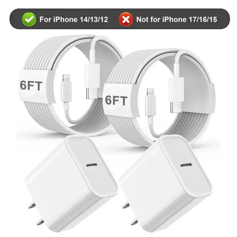 6FT Super Fast Charging 2-Pack Type-C Wall Charger Block with 2-Pack USB-C to Lightning Cable for Iphone 14/13/12,Airpods Pro, Mobile Smartphone