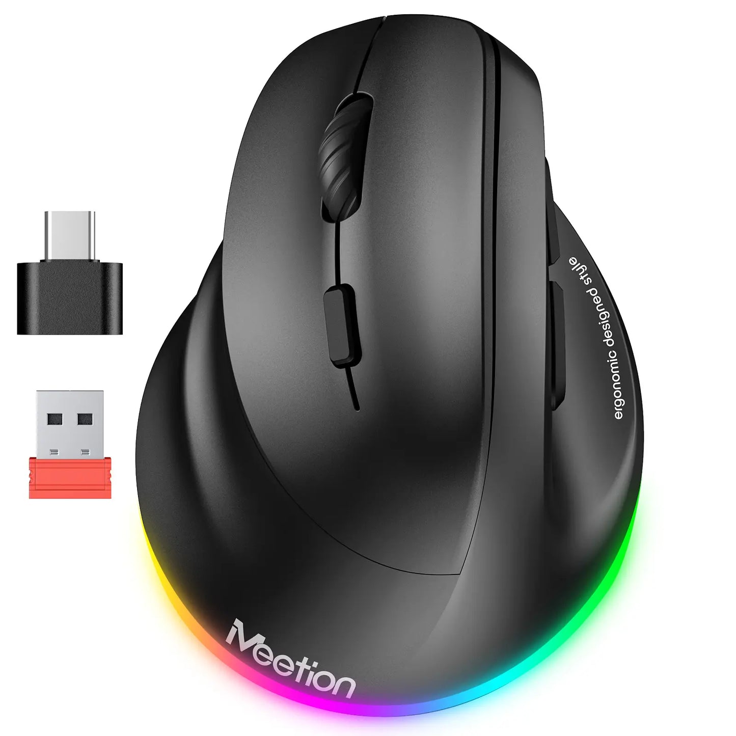 MEETION Left-Handed Ergonomic Mouse, Wireless Vertical RGB Rechargeable Mouse, Bluetooth(5.2 + 3.0) & USB-A with USB-C Adapter 4 Adjustable DPI Mice for Mac/Windows/Pc/Tablet/Ipad