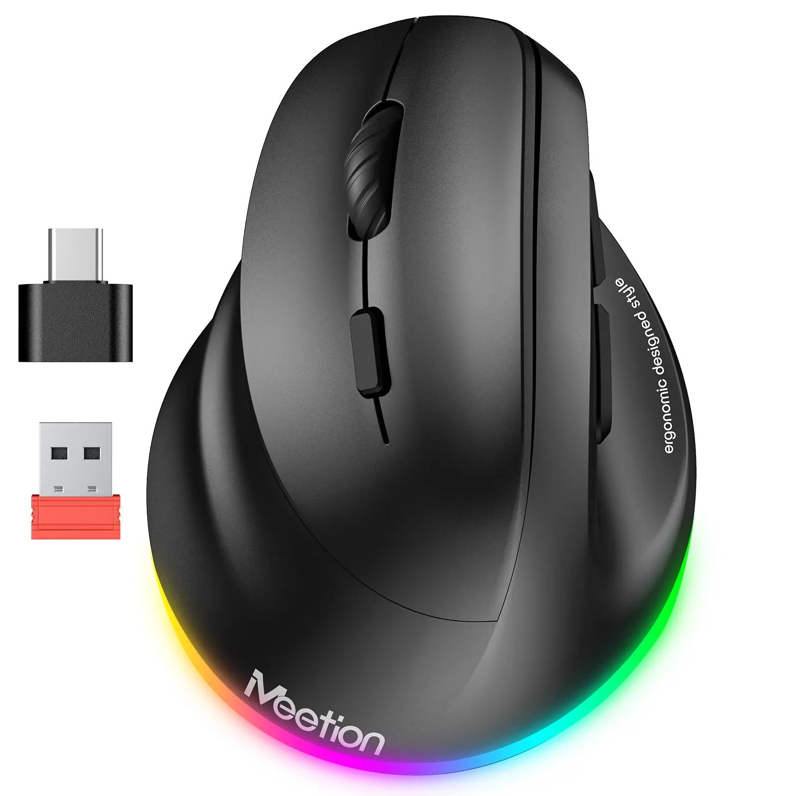 MEETION Left-Handed Ergonomic Mouse, Wireless Vertical RGB Rechargeable Mouse, Bluetooth(5.2 + 3.0) & USB-A with USB-C Adapter 4 Adjustable DPI Mice for Mac/Windows/Pc/Tablet/Ipad