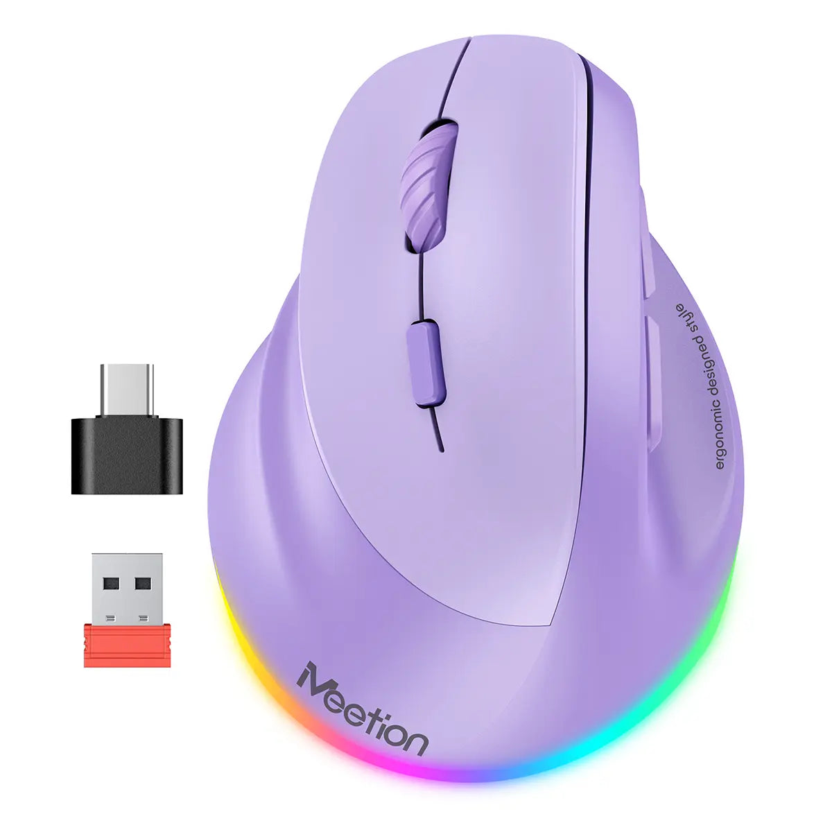 MEETION Left-Handed Ergonomic Mouse, Wireless Vertical RGB Rechargeable Mouse, Bluetooth(5.2 + 3.0) & USB-A with USB-C Adapter 4 Adjustable DPI Mice for Mac/Windows/Pc/Tablet/Ipad