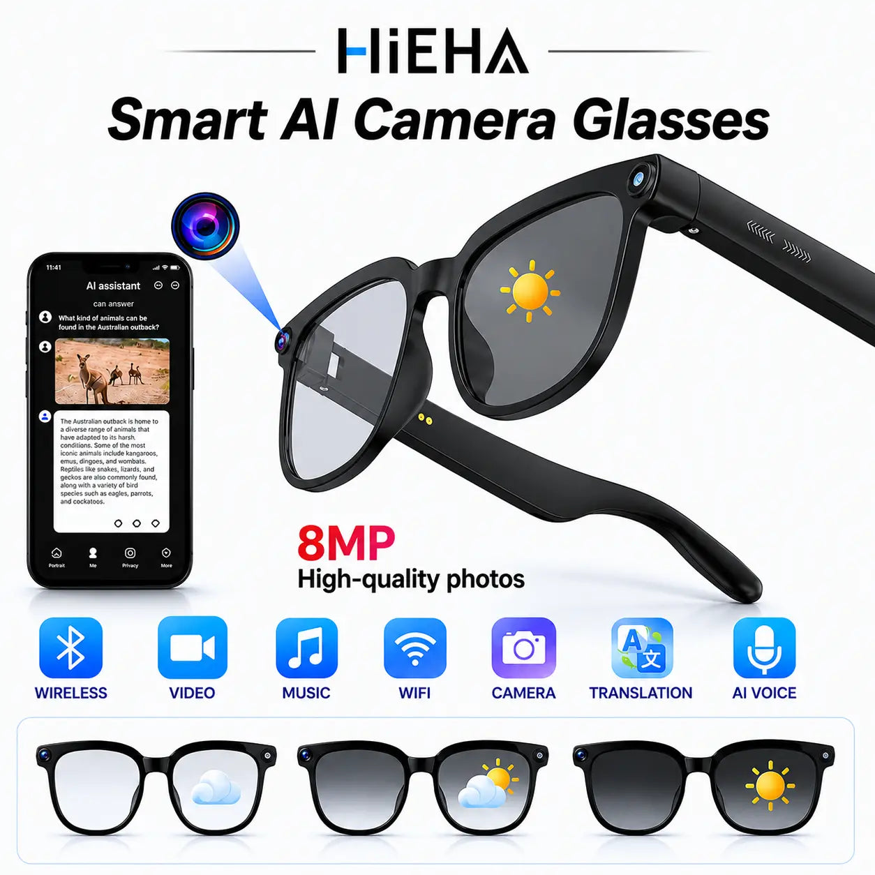 HIEHA 2026 New AI Smart Glasses - 8MP Camera, Photo & Video Recording, Open-Ear HD Audio, Bluetooth Calls & Music Support, UV Protection, Multi-Language Translation, Ideal for Travel & Outdoor Adventures