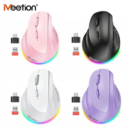 MEETION Left-Handed Ergonomic Mouse, Wireless Vertical RGB Rechargeable Mouse, Bluetooth(5.2 + 3.0) & USB-A with USB-C Adapter 4 Adjustable DPI Mice for Mac/Windows/Pc/Tablet/Ipad