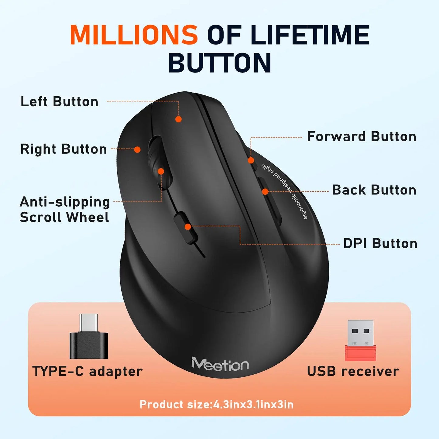 MEETION Left-Handed Ergonomic Mouse, Wireless Vertical RGB Rechargeable Mouse, Bluetooth(5.2 + 3.0) & USB-A with USB-C Adapter 4 Adjustable DPI Mice for Mac/Windows/Pc/Tablet/Ipad