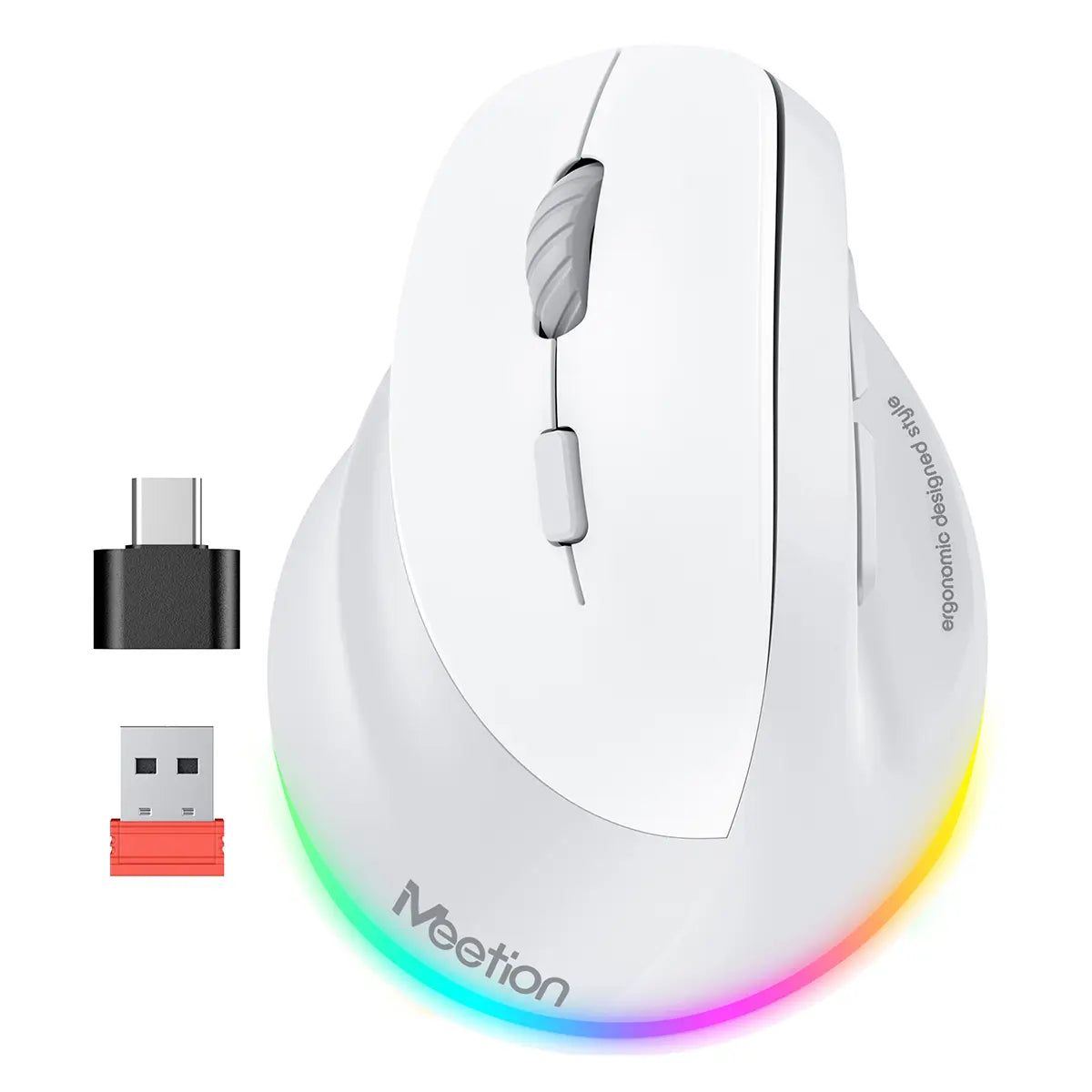 MEETION Left-Handed Ergonomic Mouse, Wireless Vertical RGB Rechargeable Mouse, Bluetooth(5.2 + 3.0) & USB-A with USB-C Adapter 4 Adjustable DPI Mice for Mac/Windows/Pc/Tablet/Ipad