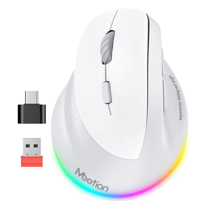 MEETION Left-Handed Ergonomic Mouse, Wireless Vertical RGB Rechargeable Mouse, Bluetooth(5.2 + 3.0) & USB-A with USB-C Adapter 4 Adjustable DPI Mice for Mac/Windows/Pc/Tablet/Ipad