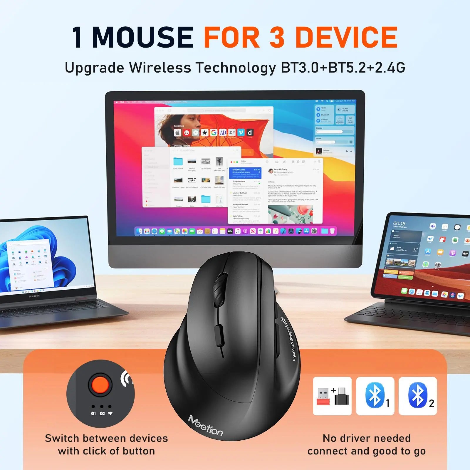 MEETION Left-Handed Ergonomic Mouse, Wireless Vertical RGB Rechargeable Mouse, Bluetooth(5.2 + 3.0) & USB-A with USB-C Adapter 4 Adjustable DPI Mice for Mac/Windows/Pc/Tablet/Ipad