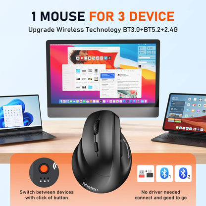 MEETION Left-Handed Ergonomic Mouse, Wireless Vertical RGB Rechargeable Mouse, Bluetooth(5.2 + 3.0) & USB-A with USB-C Adapter 4 Adjustable DPI Mice for Mac/Windows/Pc/Tablet/Ipad